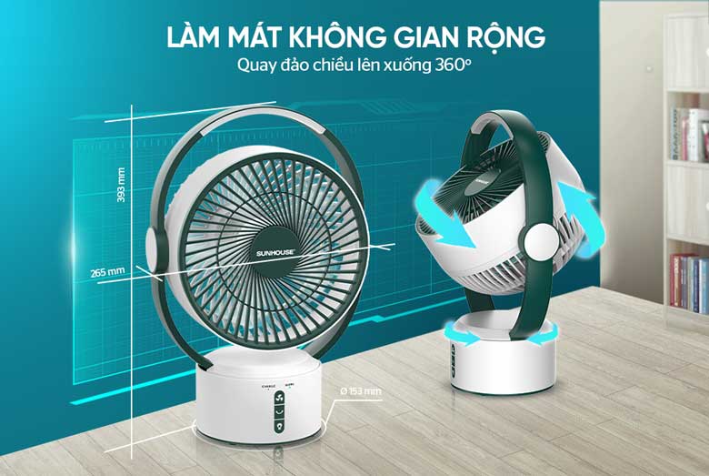 Quạt sạc Sunhouse SHD7116 - Làm mát phạm vi rộng với tính năng xoay