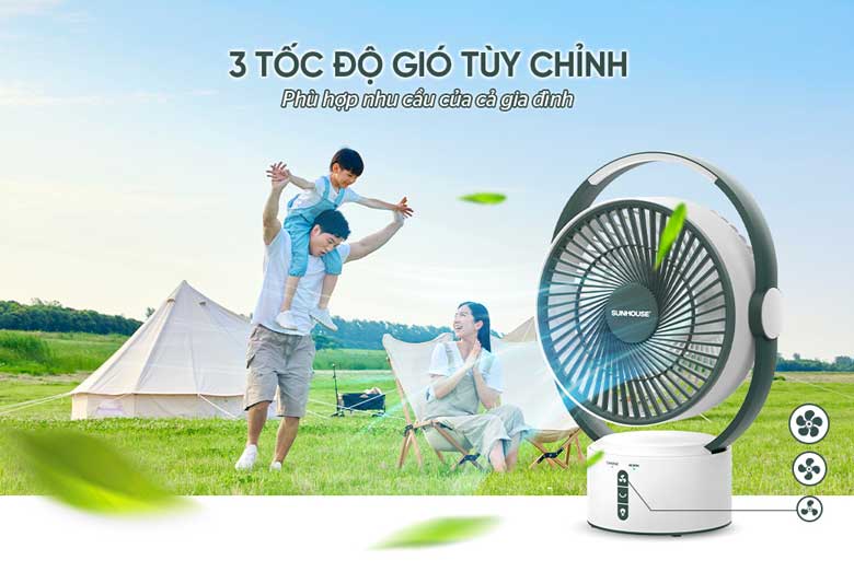 Quạt sạc Sunhouse SHD7116 - Tùy chỉnh 3 tốc độ gió