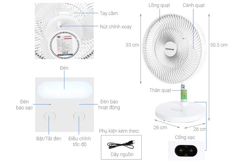 Quạt sạc Sunhouse SHD7115 - Kích thước và cấu tạo thực tế