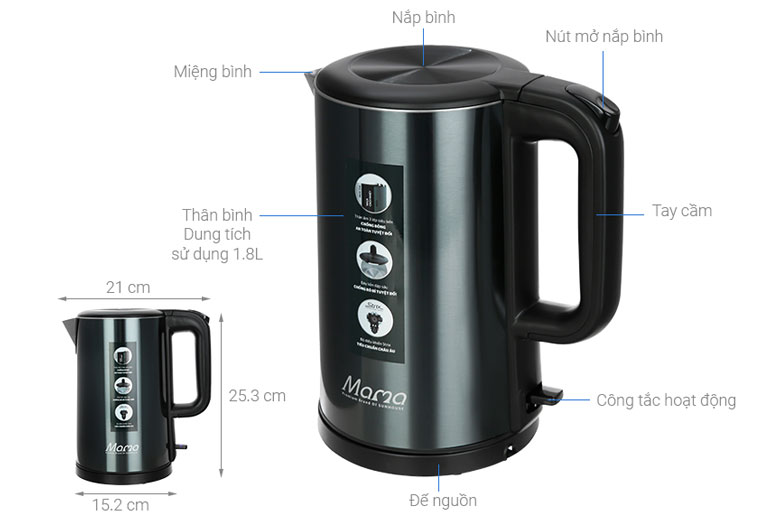 Ấm siêu tốc Sunhouse Mama SHD1389 1.8 lít - Kích thước thực tế