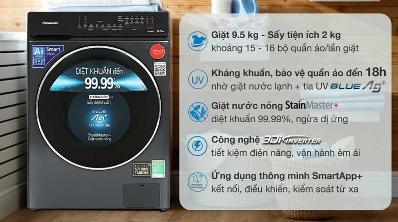 Máy giặt Panasonic SmartApp+: Máy giặt sấy Panasonic Inverter 9.5kg NA-V95FR1BVT lồng ngang