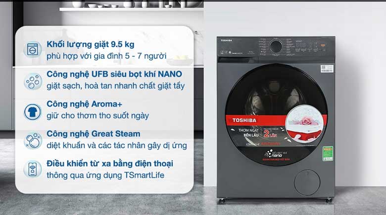 Máy giặt Toshiba có Origin Inverter 9.5kg TW-T21BU105UWV(MG) lồng ngang
