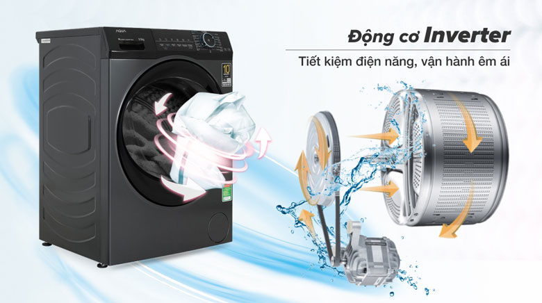 Máy giặt tích hợp AI DBT: Aqua Inverter tích hợp AI DBT 9kg AQD-A902J.BK lồng ngang