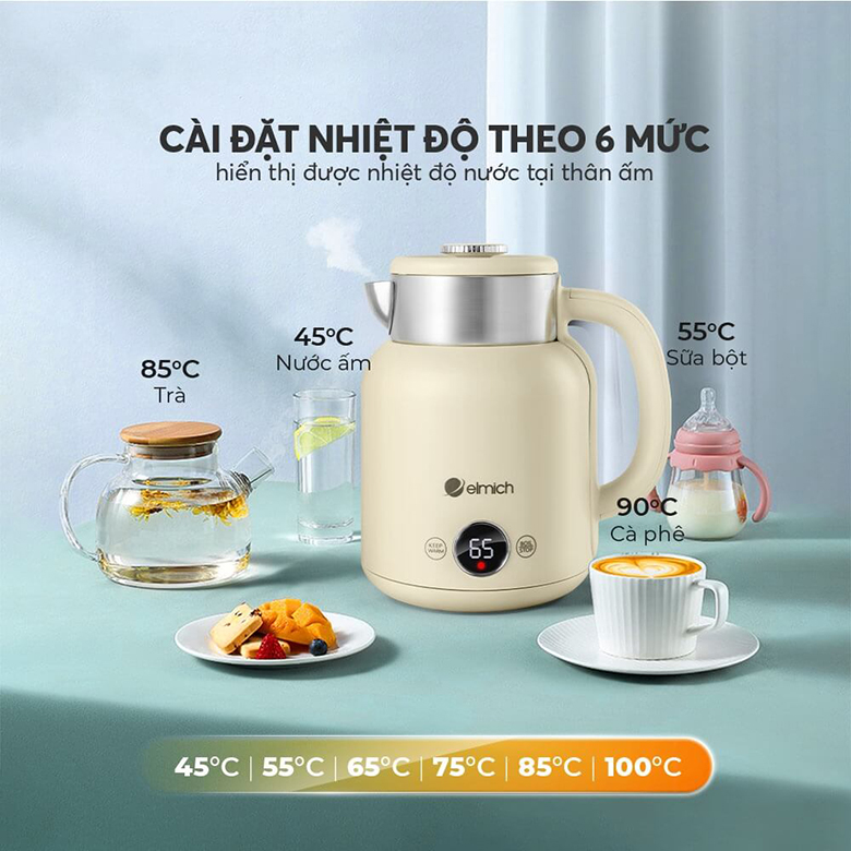 Cài đặt nhiệt độ 6 mức -Ấm siêu tốc Elmich 1.5 lít KEE-8456AW