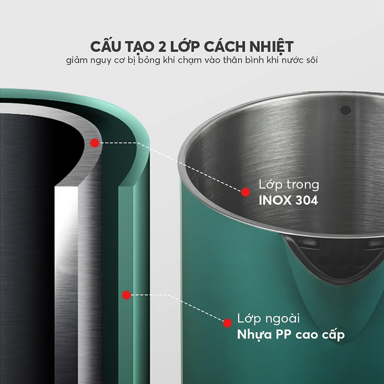 2 lớp cách nhiệt - Ấm siêu tốc Elmich 1.7 lít KEE-1774G