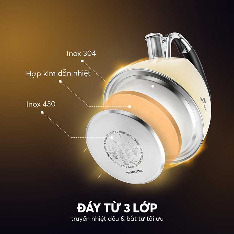 Ấm đun nước inox cao cấp Elmich EL8281 2.5 lít - Cấu tạo đáy 3 lớp bền bỉ