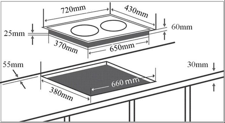 kích thước lắp đặt Bếp từ đôi MiChef’s MID2009