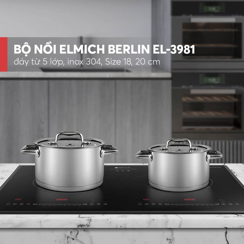 Bộ nồi inox đáy từ 5 lớp Elmich Berlin EL-3981 - Kiểu dáng hiện đại, sang trọng