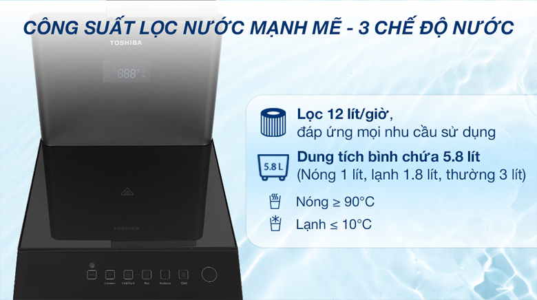 Máy lọc nước Toshiba TWP-W2398SVN(M) sở hữu dung tích lớn, công suất khủng