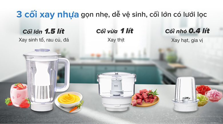 Máy xay sinh tố Toshiba BL-70PR2NV - Máy được trang bị 1 cối xay lớn và 2 cối xay nhỏ vô cùng tiện lợi