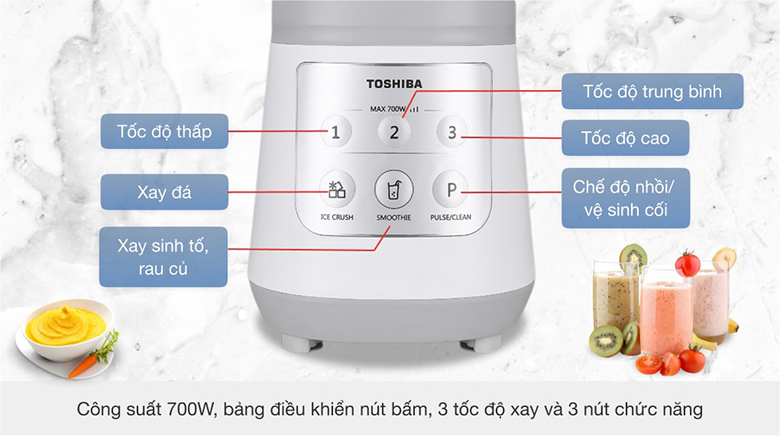 Máy xay sinh tố Toshiba BL-70PR1NV - Máy có 3 mức tốc độ xay và 1 chế độ nhồi