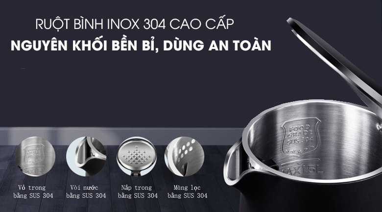 Ấm siêu tốc Toshiba KT-15DS1NV - Lớp trong của nắp làm bằng inox 304