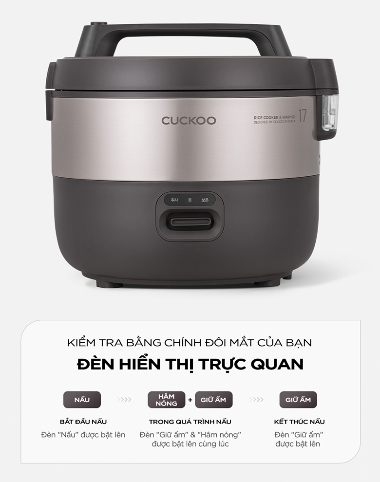 Nồi Cơm Điện Cơ Cuckoo CR-1755 3.06L - Trang bị đèn LED hiển thị trực quan dễ dàng quan sát xem cơm đã nấu chín chưa