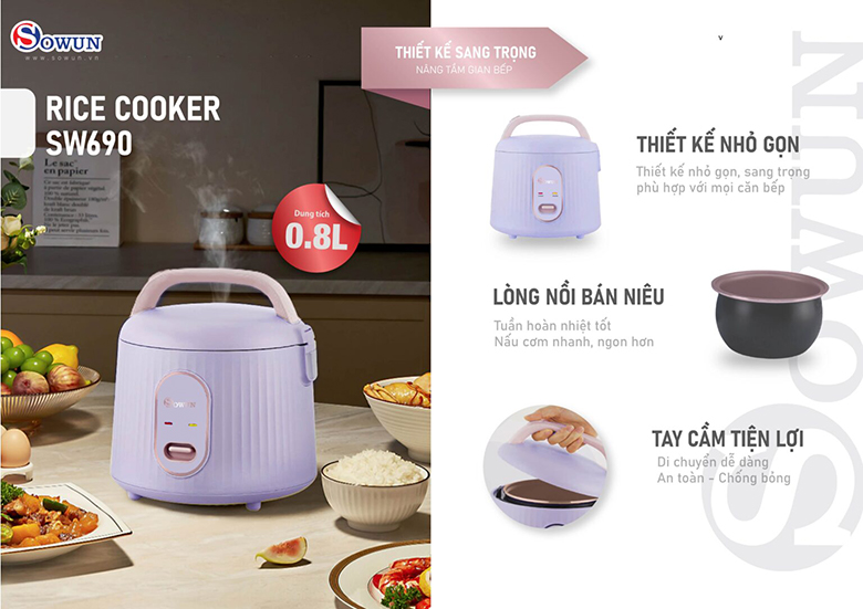 Nồi cơm điện Sowun 0.8 lít SW690 - Thiết kế nhỏ gọn và hiện đại