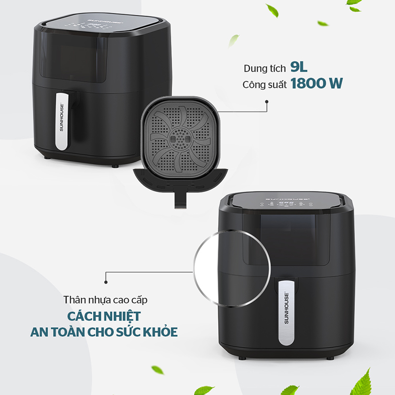 Nồi chiên không dầu 9L Sunhouse SHD4082 - Dung tích lớn 9 lít đáp ứng mọi nhu cầu nấu nướng