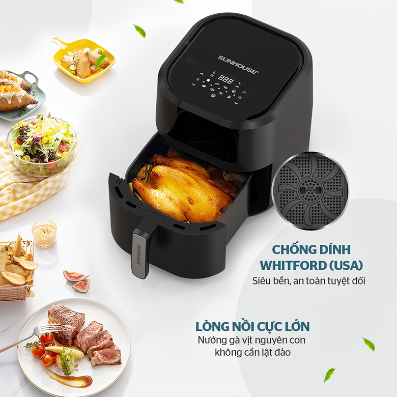 Nồi chiên không dầu 9L Sunhouse SHD4082 - Lòng nồi phủ chống dính Whitford cao cấp