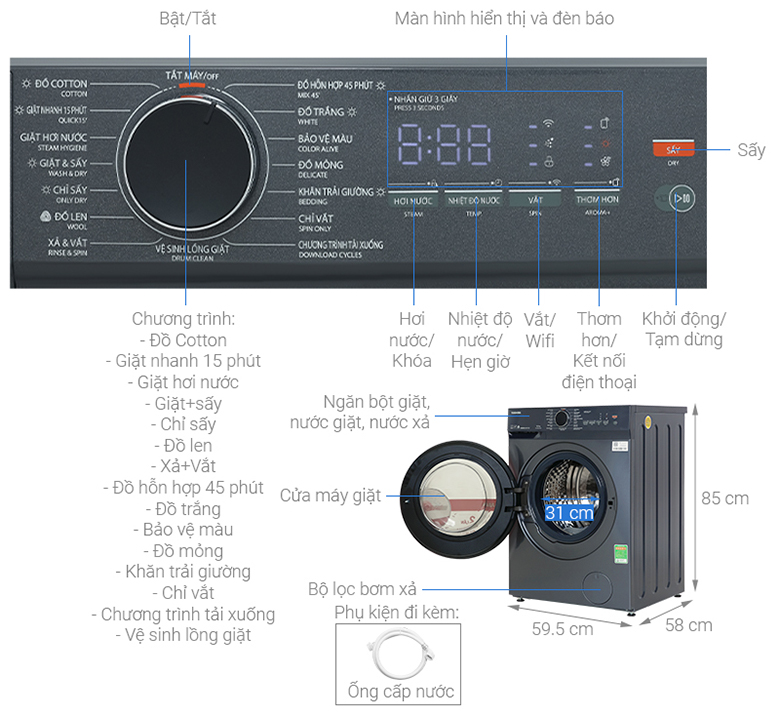 Máy giặt sấy Toshiba Inverter giặt 10.5 kg TWD-T21BU115UWV(MG)