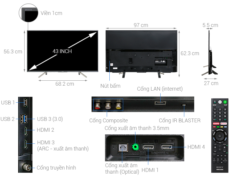 Tivi Sony 43W800F kích thước