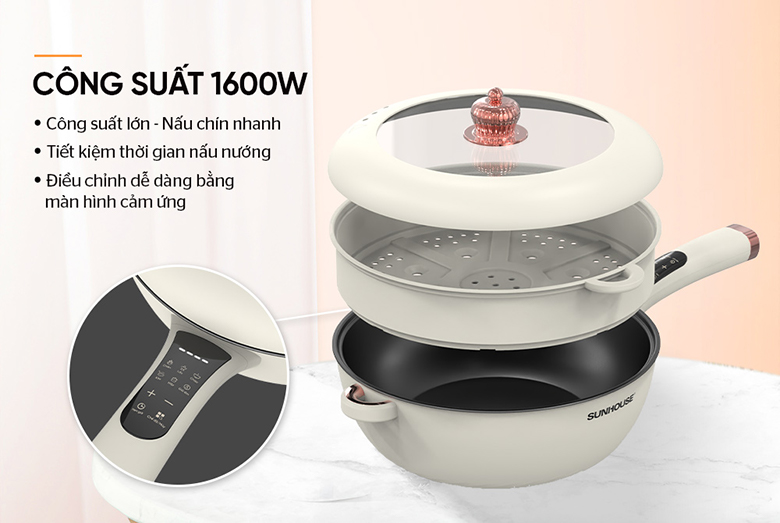 Chảo điện 5L Sunhouse SHD4555 - Công suất 1600W giúp nấu chín nhanh chóng