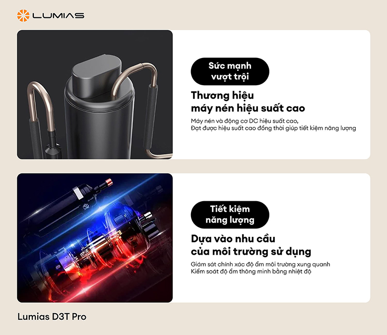 Máy hút ẩm LUMIAS D3T PRO - Trang bị máy nén và động cơ DC công suất cao