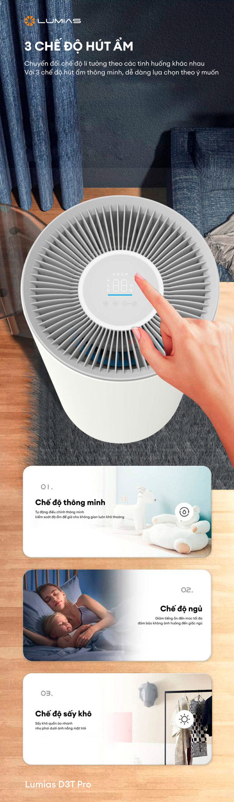 Máy hút ẩm LUMIAS D3T PRO - Trang bị 3 chế độ khử ẩm