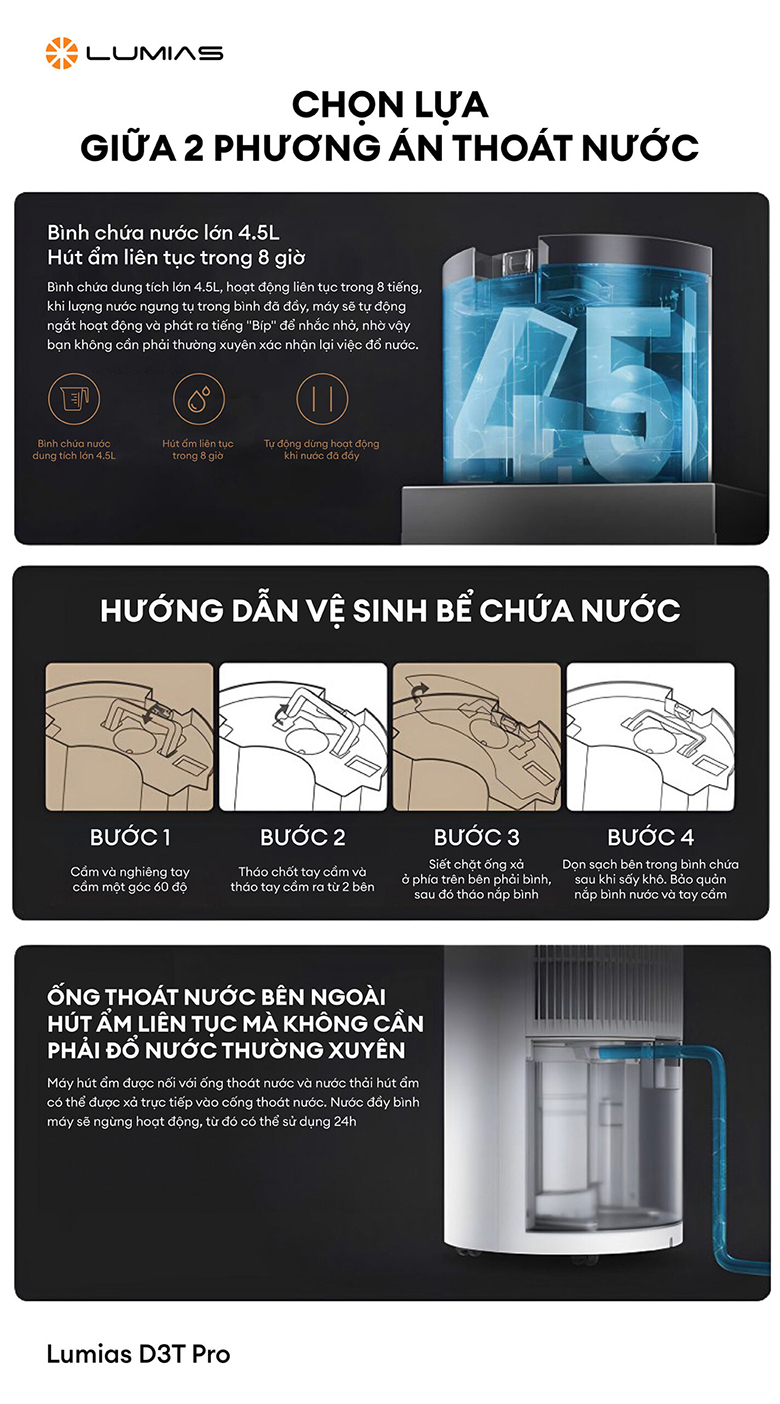 Máy hút ẩm LUMIAS D3T PRO - Dung tích bình chứa lớn 4,5 lít
