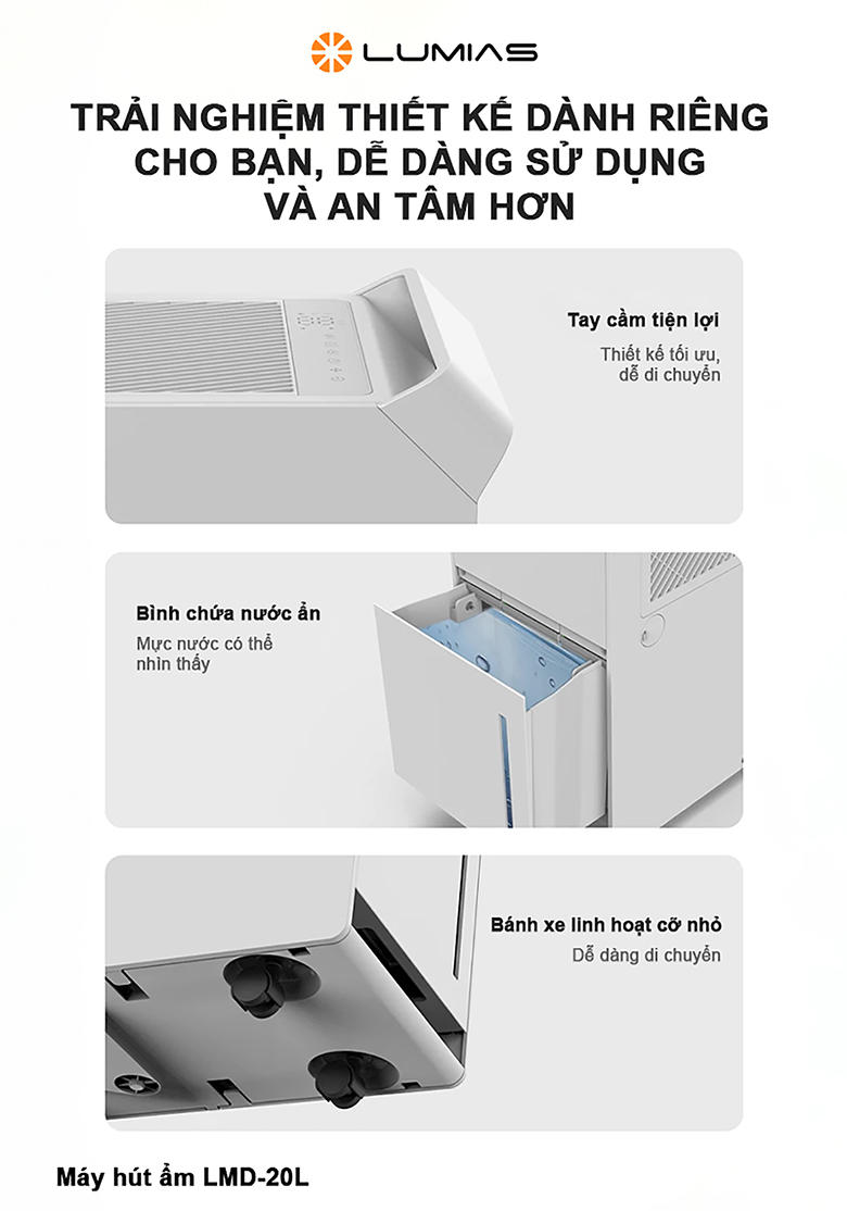 Máy hút ẩm Lumias LMD-20L - Thiết kế nhỏ gọn, tiện lợi, phù hợp với mọi không gian