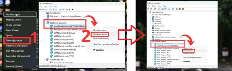 Laptop không hiện Wifi Win 11 tắt và bật lại Network Adapter