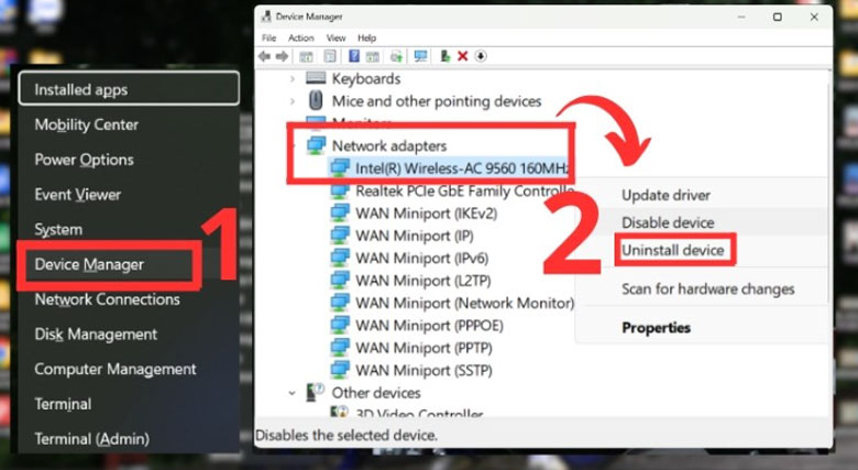 Laptop mất biểu tượng Wifi Win 11 cài đặt Network Adapter