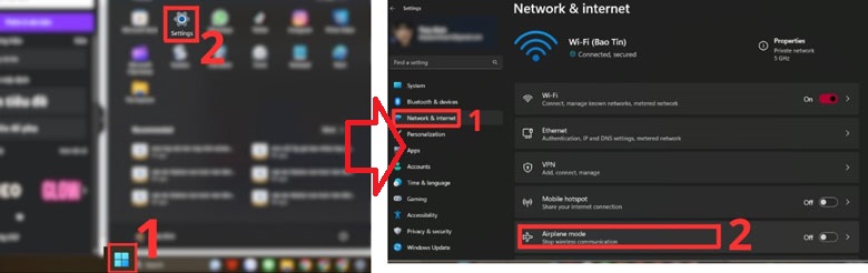 Laptop bị mất biểu tượng Wifi Win 11, tắt chế độ máy bay