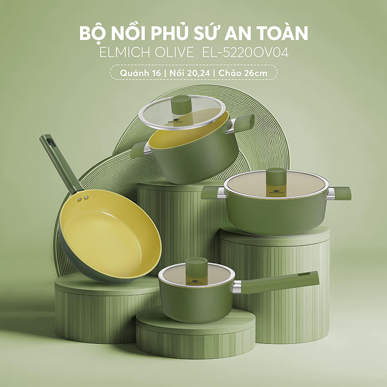 Bộ nồi phủ sứ an toàn Elmich Olive El-5220OV04 quánh 16, nồi 20, 24 cm, chảo 26cm