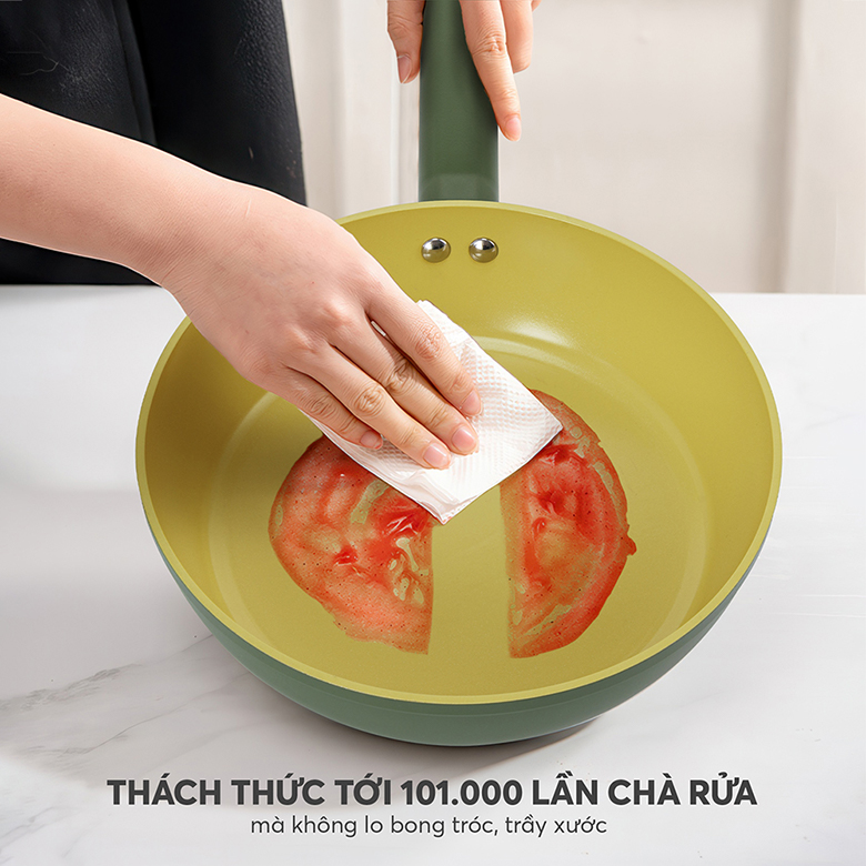 Bộ nồi phủ sứ an toàn Elmich Olive El-5220OV04 quánh 16, nồi 20, 24 cm, chảo 26cm - Có thể chịu tới 101.000 lần chà rửa