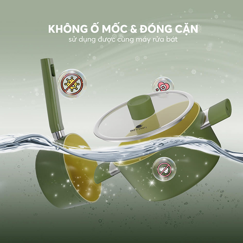 Bộ nồi phủ sứ an toàn Elmich Olive El-5220OV04 quánh 16, nồi 20, 24 cm, chảo 26cm - Không ố mốc, đóng cặn