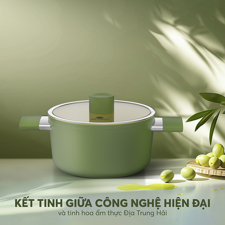Bộ nồi phủ sứ an toàn Elmich Olive El-5220OV04 quánh 16, nồi 20, 24 cm, chảo 26cm - Thiết kế đẹp mắt, lấy cảm hứng từ thiên nhiên