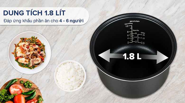 Nồi cơm điện tử Sharp 1.8 lít KS-COM191EV-WH - Dung tích 1.8 lít phù hợp cho gia đình từ 4 - 6 người ăn