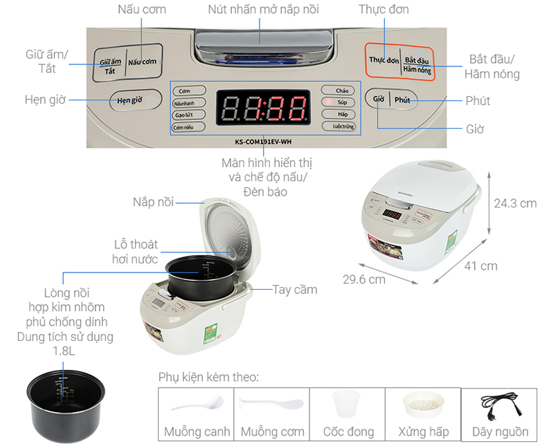Nồi cơm điện tử Sharp 1.8 lít KS-COM191EV-WH nhắc đến kích thước