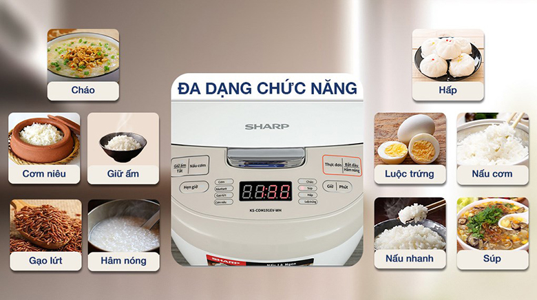 Nồi cơm điện tử Sharp 1.8 lít KS-COM191EV-WH - 8 chế độ nấu tiện lợi đa dạng