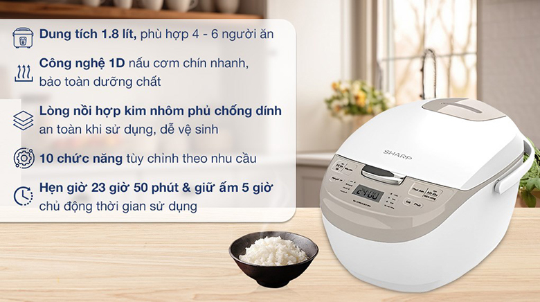 Nồi cơm điện tử Sharp 1.8 lít KS-COM191EV-WH - Thiết kế nhỏ gọn, tinh tế mang đến cho người dùng nhữn trải nghiệm mới