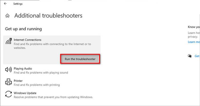 Dùng Internet Connection Troubleshooter khắc phục lỗi WiFi Win 10