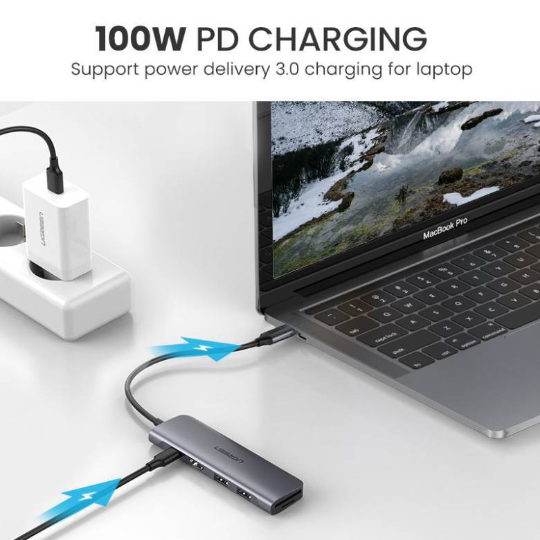  Cổng Ugreen chuyển đổi USB C Hub 6 in 1 CM195-70411 công suất sạc lên đến 100W
