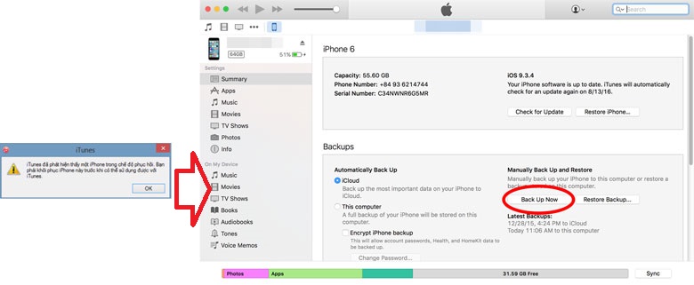 Cách mở khoá iPhone bị vô hiệu hoá, bằng iTunes