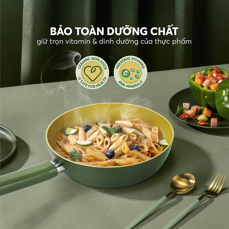 Chảo phủ sứ an toàn Elmich Olive EL-5968OV28 size 28cm - Giữ vẹn nguyên vitamin và khoáng chất tự nhiên