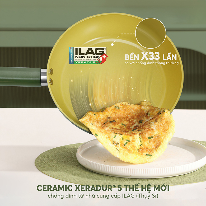 Chảo phủ sứ an toàn Elmich Olive EL-5968OV26 size 26cm - Bền gấp 33 lần so với các lớp chống dính thông thường