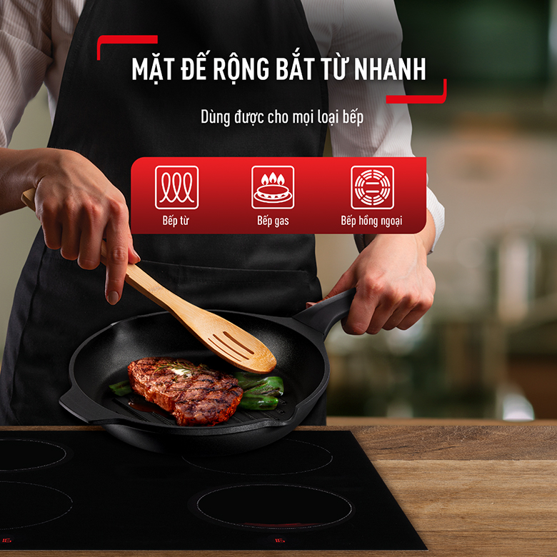 Chảo đúc cao cấp nướng, chiên Tefal Robusto có miệng rót E2494044 Size 26cm - Dùng được cho mọi loại bếp
