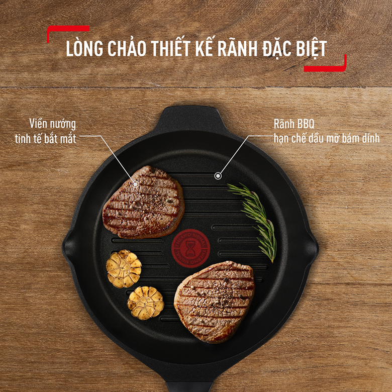 Chảo đúc cao cấp nướng, chiên Tefal Robusto có miệng rót E2494044 Size 26cm - Thiết kế với các rãnh BBQ độc đáo