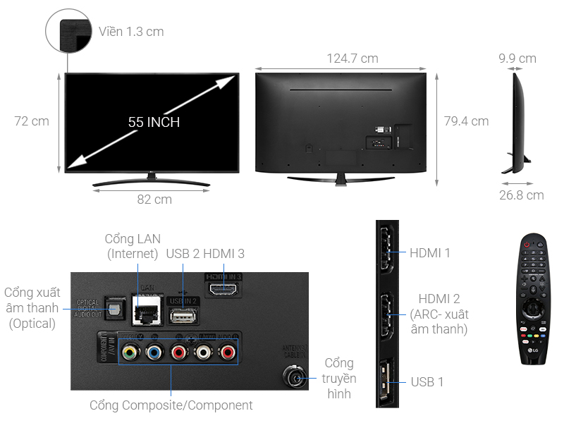 Smart Tivi LG 4K 55 inch 55UM7400PTA kích thước