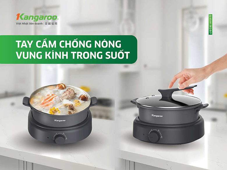 Nồi lẩu đa năng Kangaroo KGEH50N2 - Tay cầm cách nhiệt và vung kính trong suốt