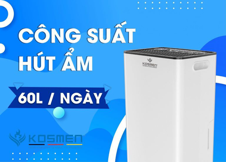 Máy hút ẩm Kosmen KM-60S - Công suất hút ẩm mạnh mẽ lên đến 60 lít/ngày khi dùng có diện tích phòng 50 - 110m2