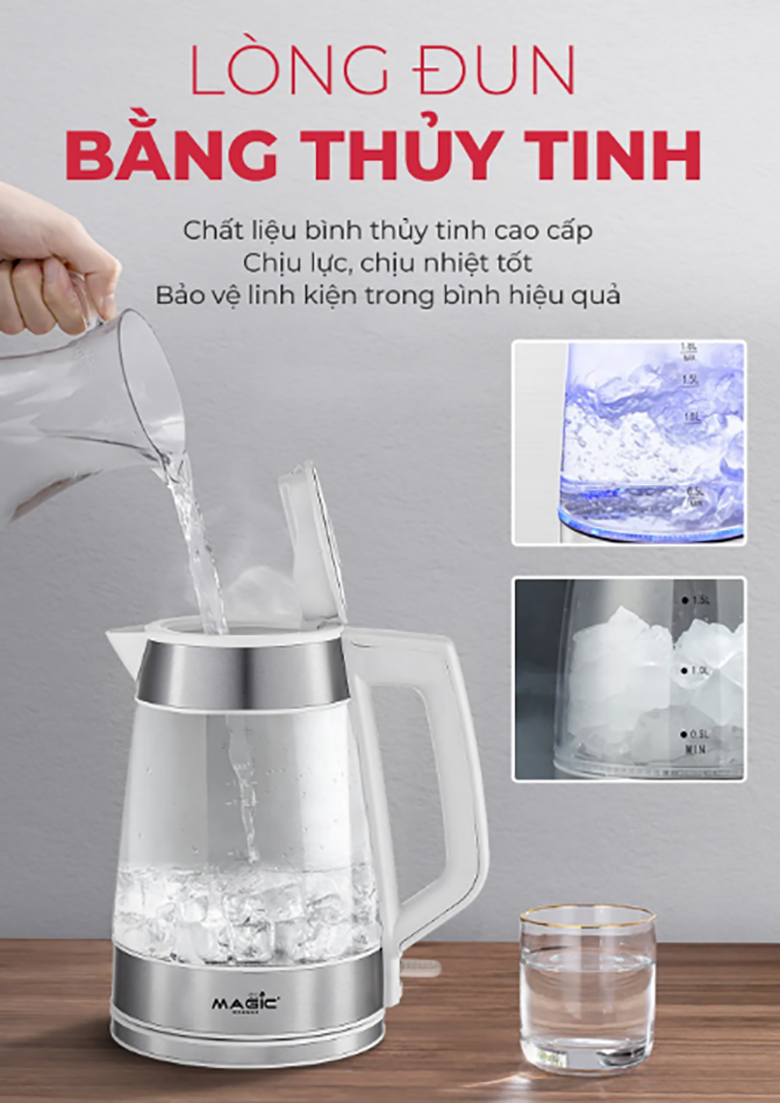 Ấm siêu tốc Magic Eco AC-44 - Lòng bình làm bằng chất liệu thủy tinh cao cấp