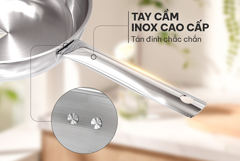 Chảo Inox 3 lớp Sunhouse IN16M6 size 16cm - Tay cầm inox chắc chắn, cách nhiệt an toàn